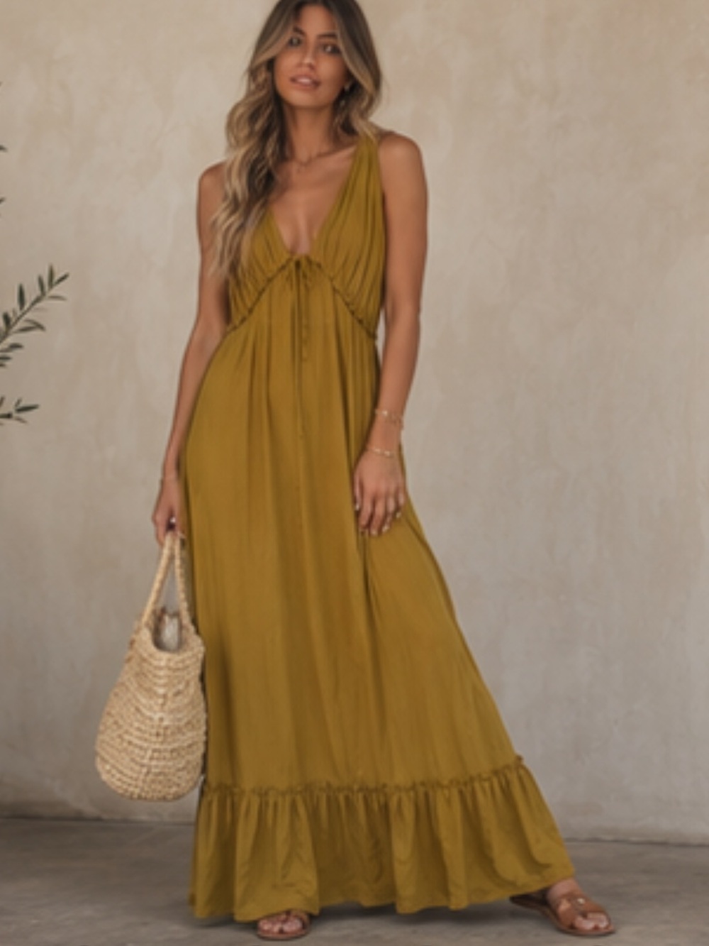Sleeveless V-Neck Maxi Dress with Tie Detail in Mustard